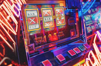 A vibrant scene featuring a classic slot machine with bright neon lights surrounding it. The slot machine displays symbols like 'Bar' and '7' and is set in a lively arcade environment. Reflections and colorful lighting add a sense of excitement and motion.